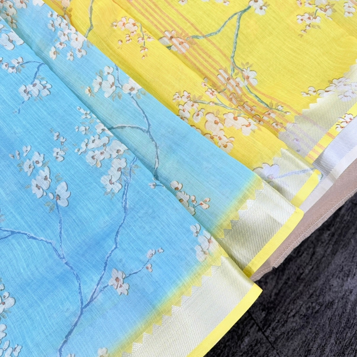 Sky Blue n Yellow Floral Embroidery Linen  Saree