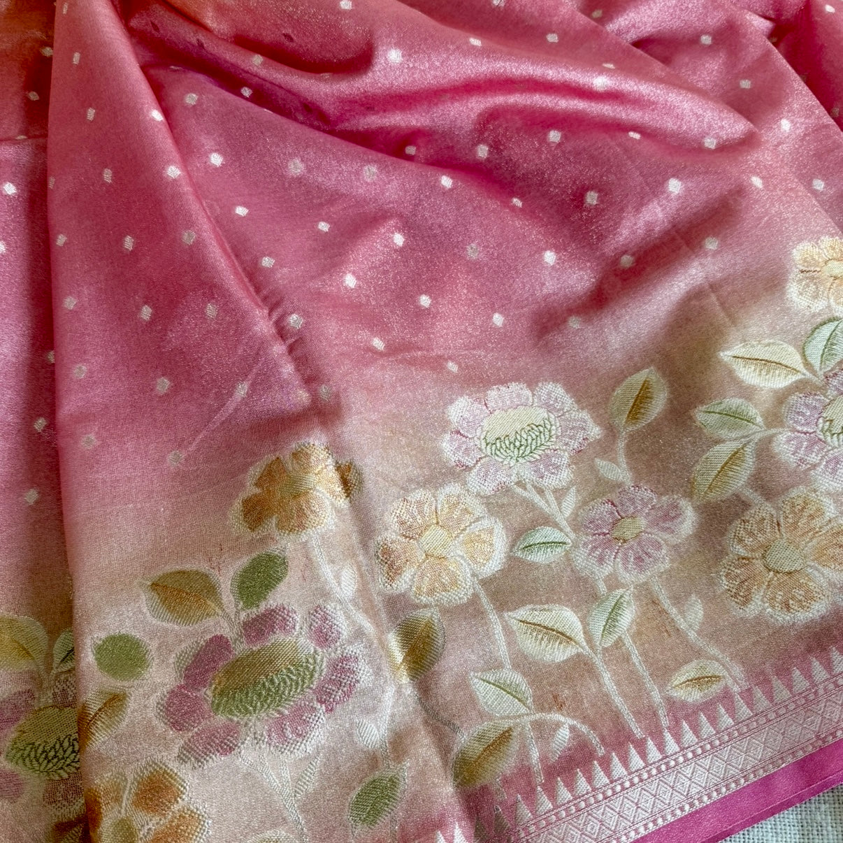 Pink Gradient Floral Soft Tissue Silk Saree