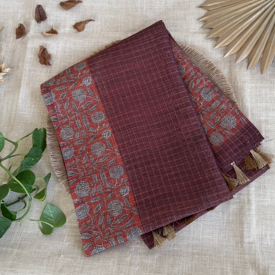 Brown n Orange Semi Tussar Saree