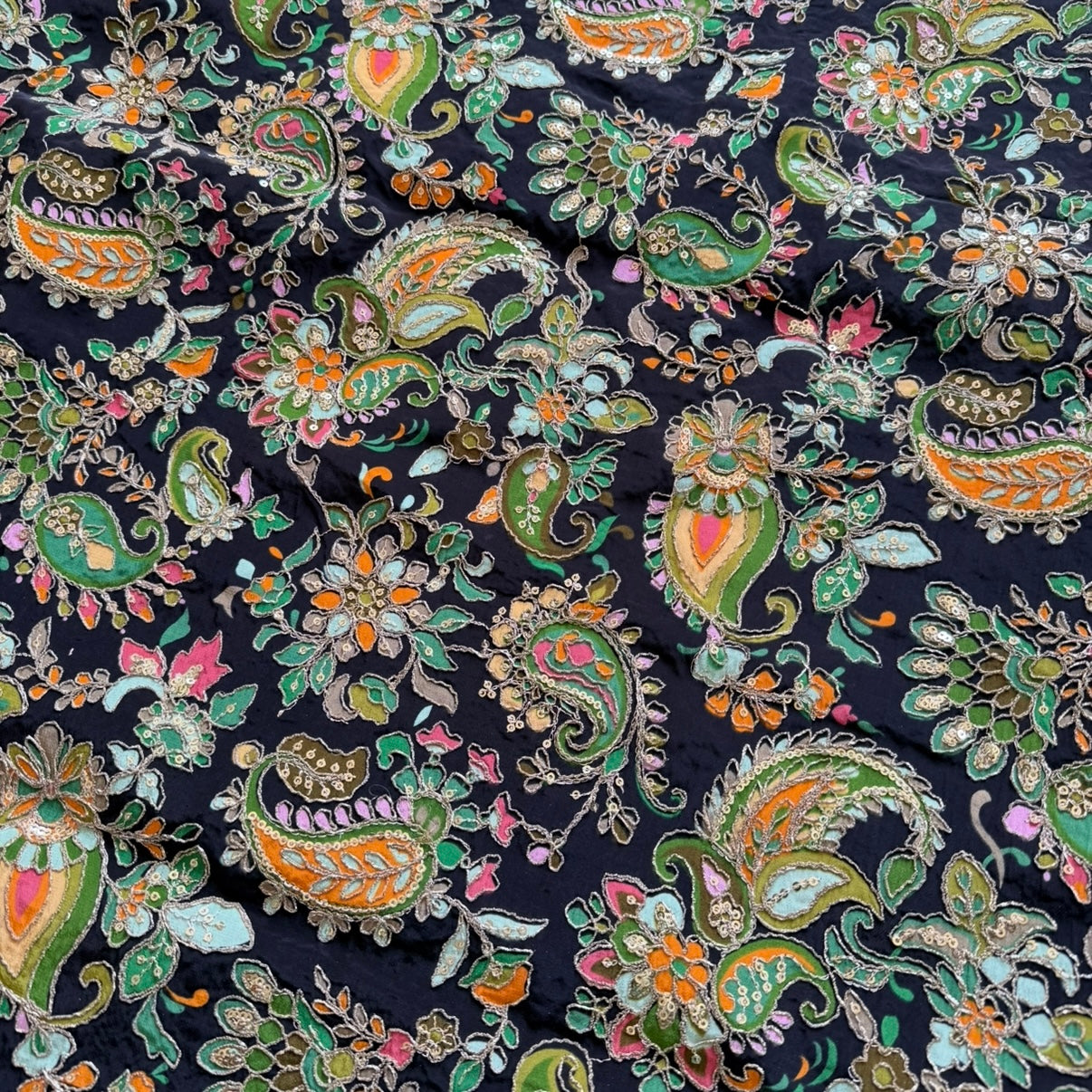 Black Designer Paisley Floral Embroidery Crepe Blouse Fabric