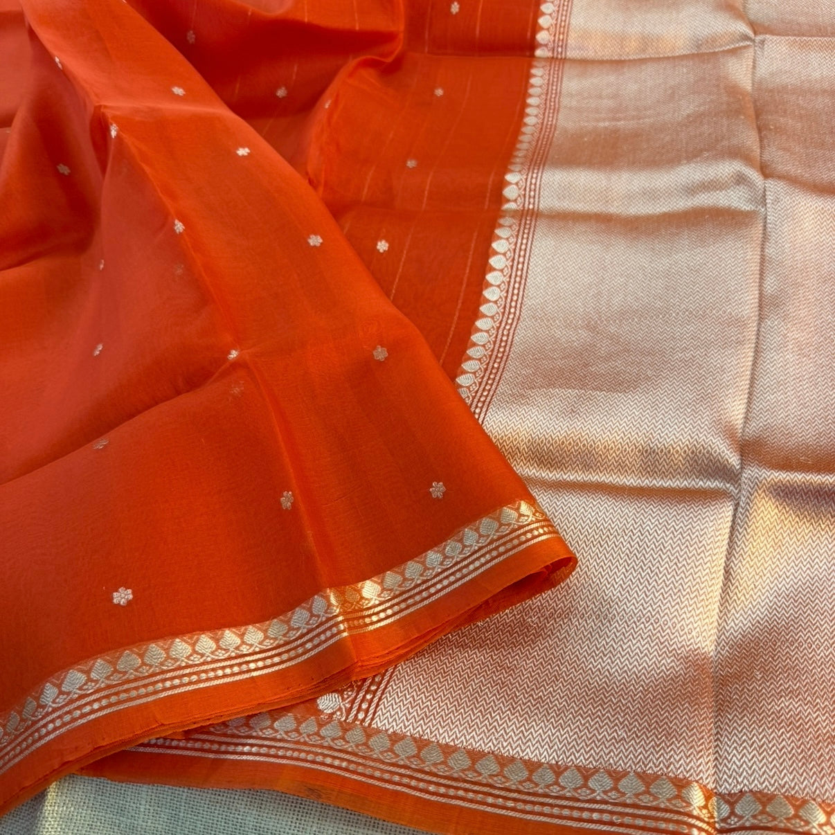 Vibrant Orange Pure Kora Silk Saree