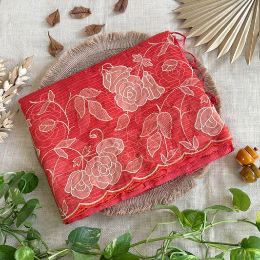 Vibrant Orange Kota Tissue floral Embroidery Saree