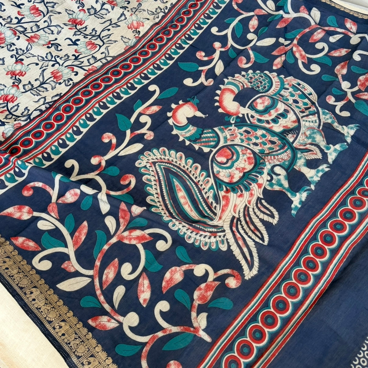 Blue Kalamkari Fancy Cotton Saree