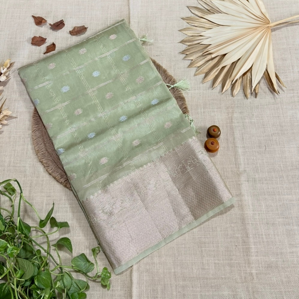 Pastel Green Checked Kora Silk Saree