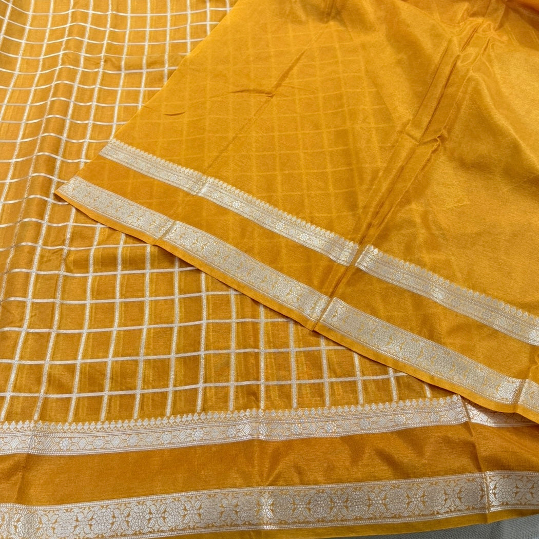 Mustard Checked Raw Silk Saree