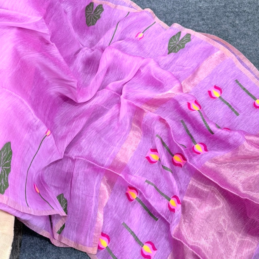 Lotus Pink Tussar Linen Lotus Jamdhani Silk Saree