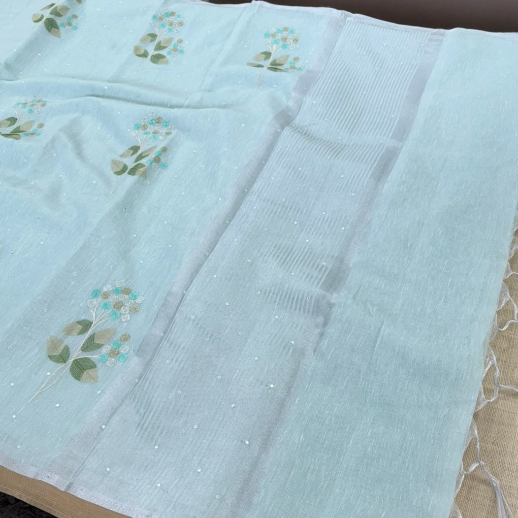 Pastel Blue Floral Embroidery Tissue Linen Saree