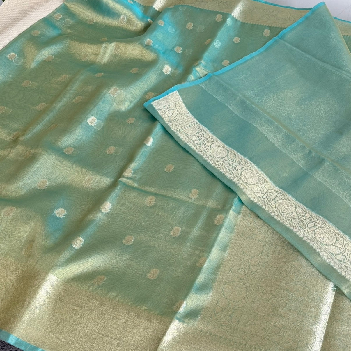 Pastel Sea Green Tissue Silk saree