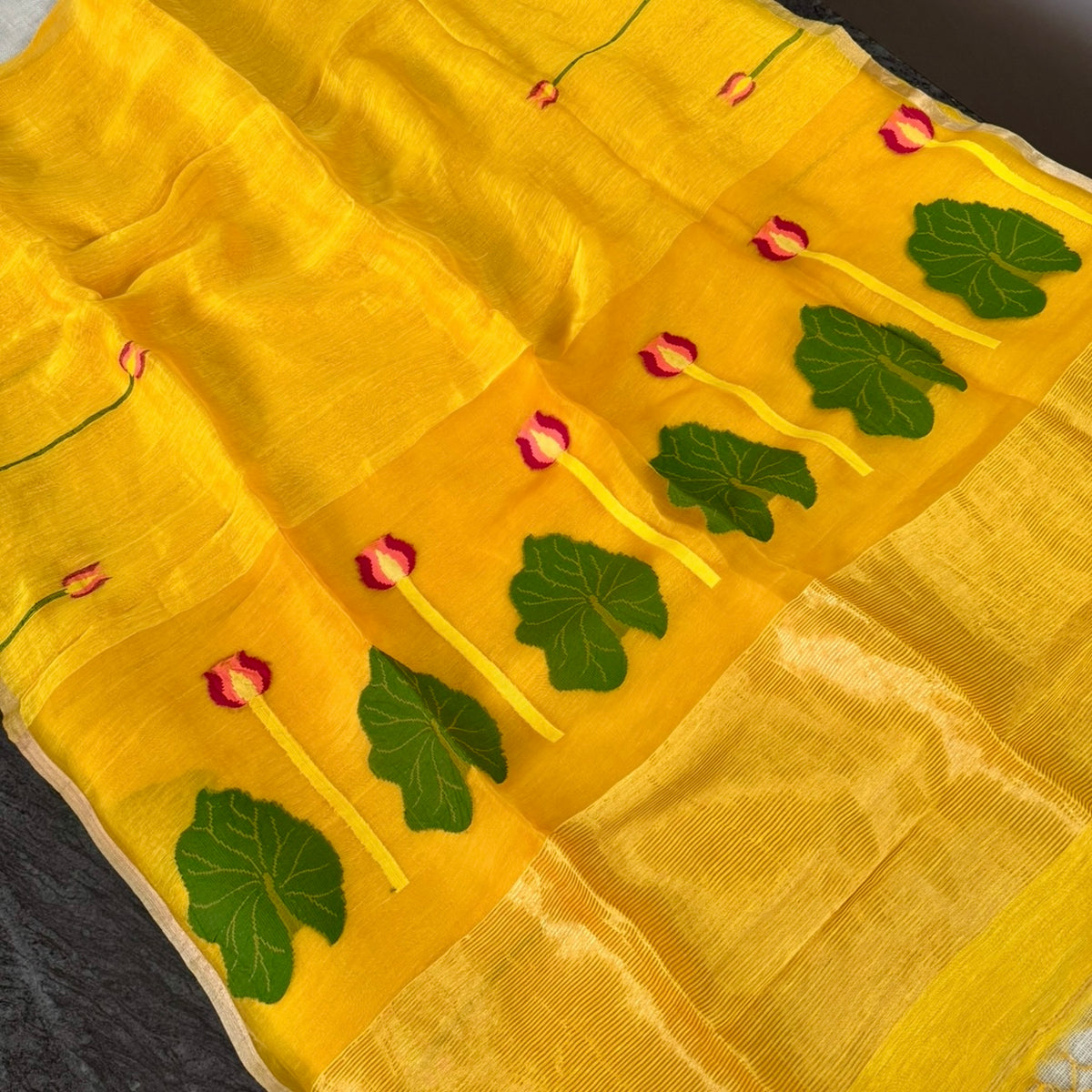 Yellow Tussar Linen Lotus Jamdhani Silk Saree