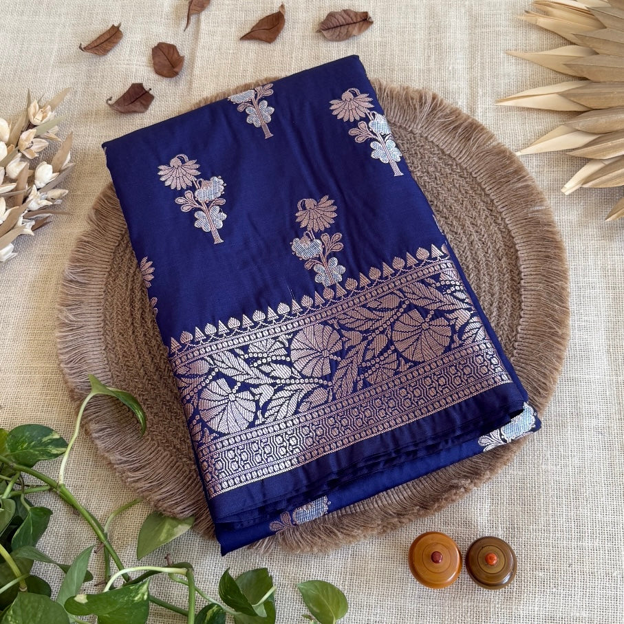 Midnight Blue Banarasi Russian Silk Saree