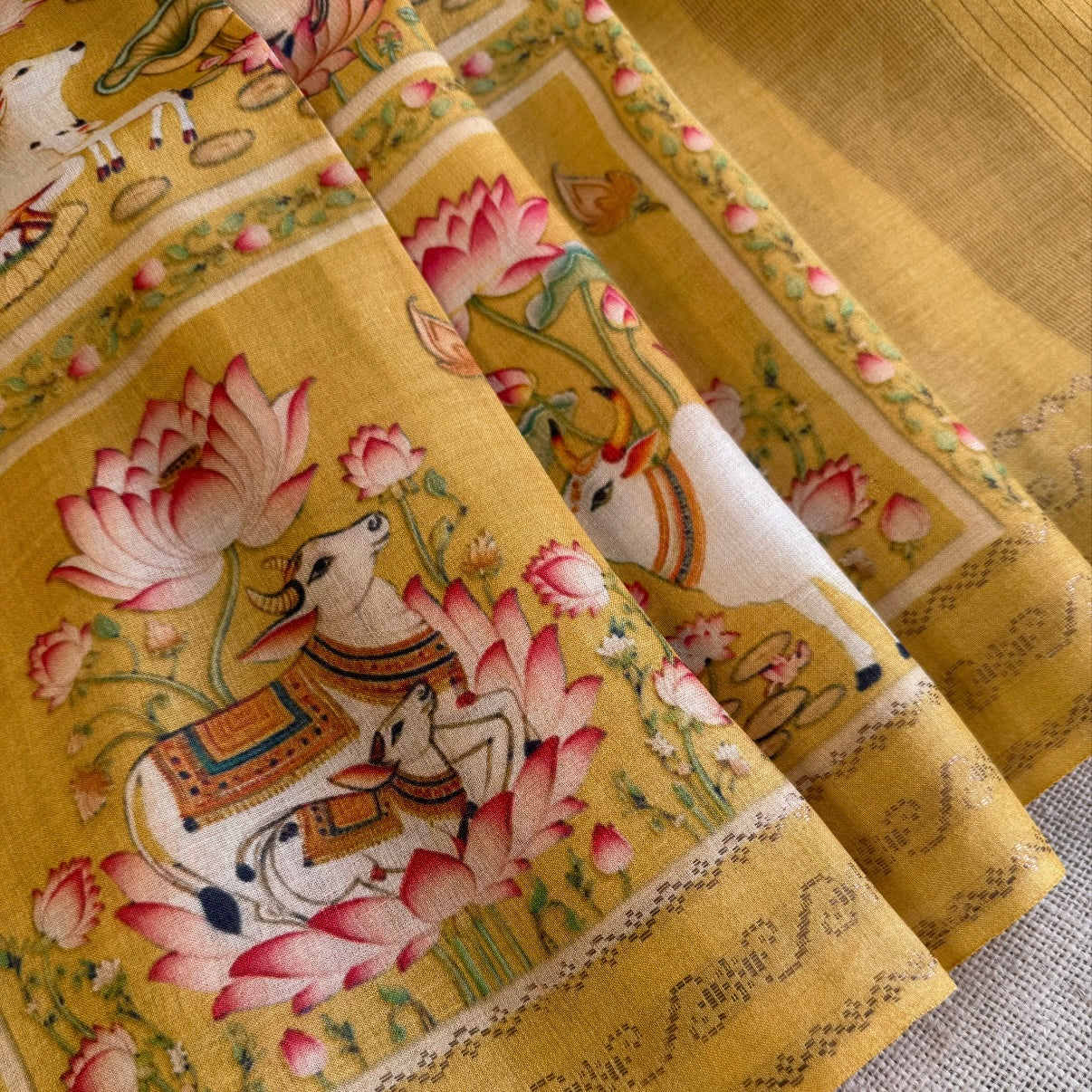 Mustard Yellow Pichwai Printed Pure Tussar Silk