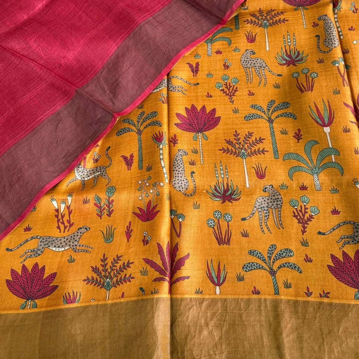 Mustard Yellow With Cheetahs Pure Tussar Silk Saree