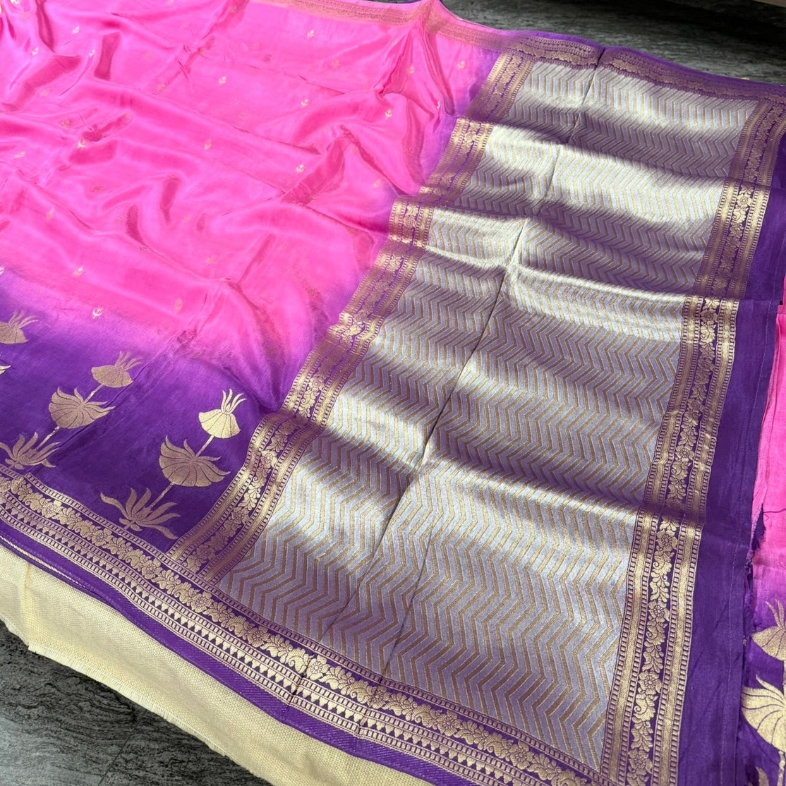 Pink with Purple Pure Crepe Silk Saree