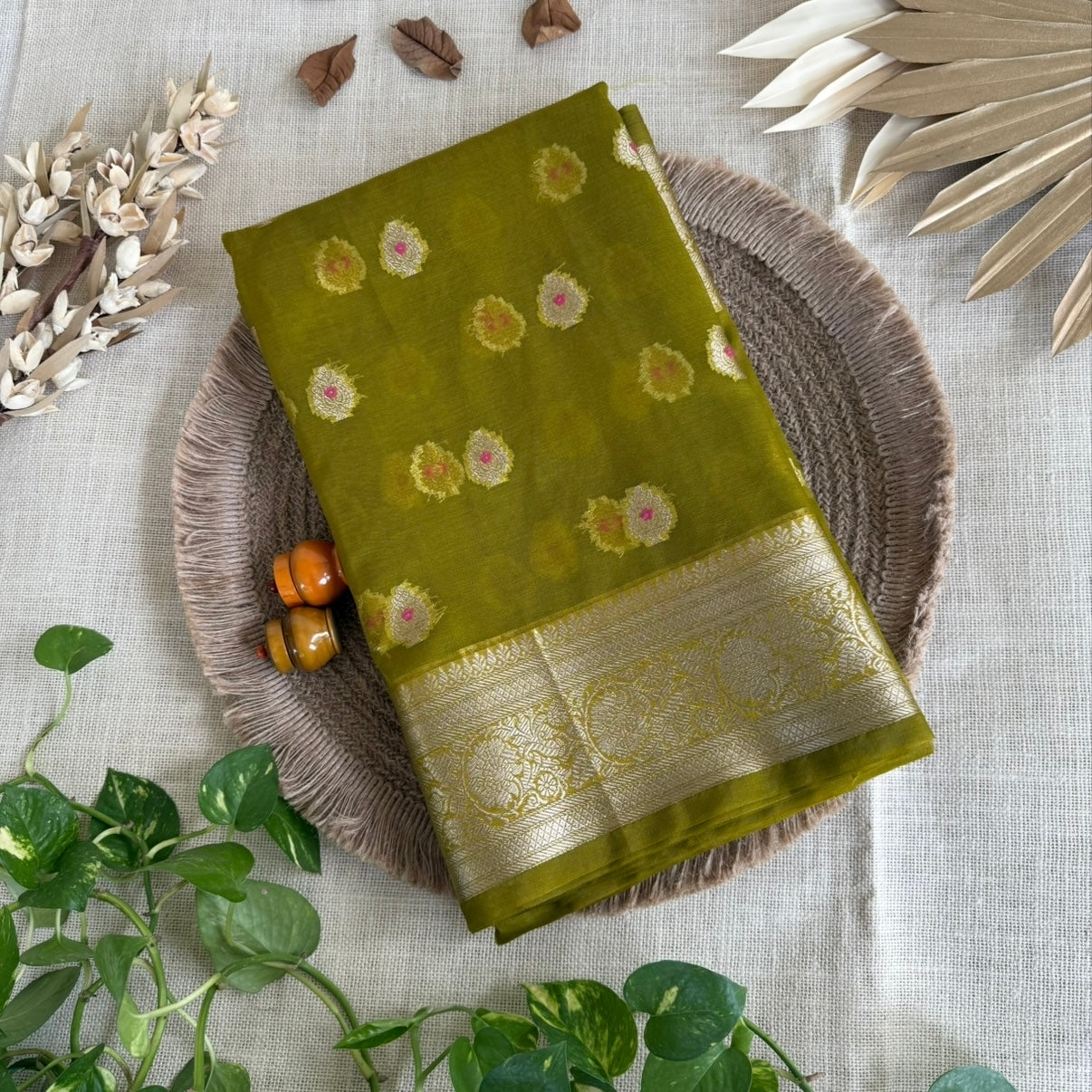 Olive (Mehandi) Green Banarasi Tissue Silk Saree