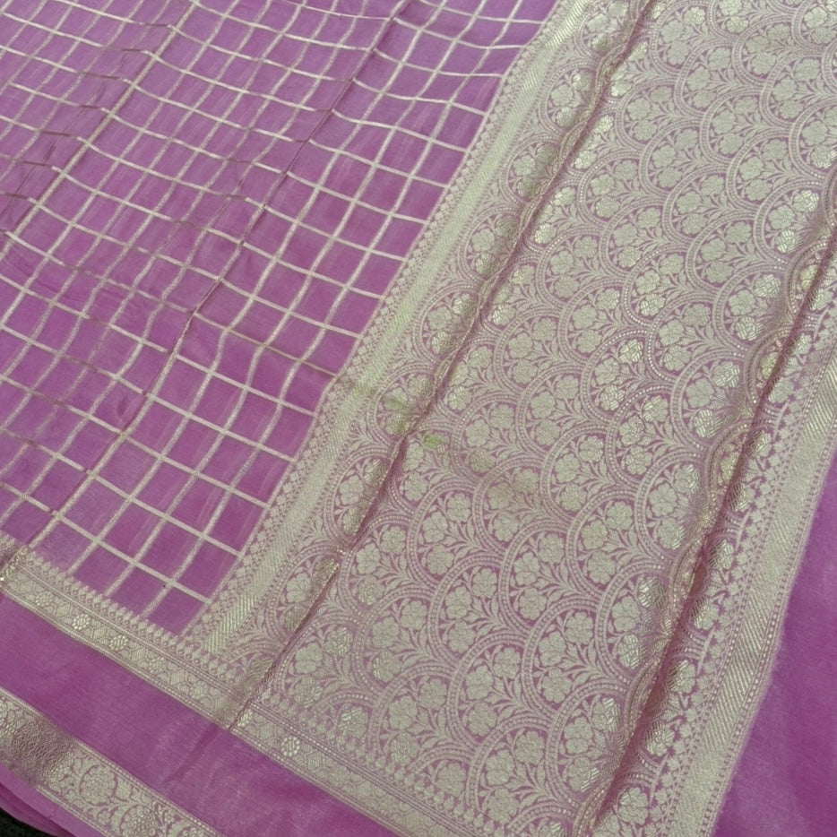 Lilac Checked Raw Silk Saree