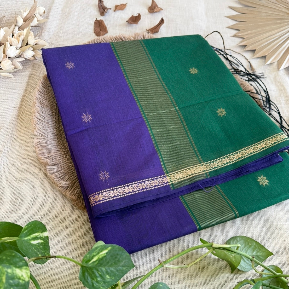 Purple with Green Maheshwari pure cotton saree