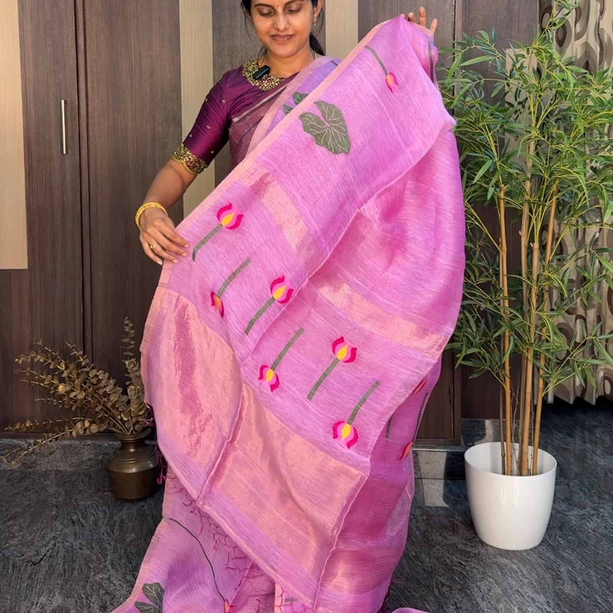 Lotus Pink Tussar Linen Lotus Jamdhani Silk Saree