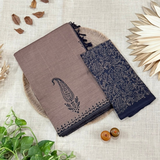 Muted Brown South Cotton Mix Block Printed Saree