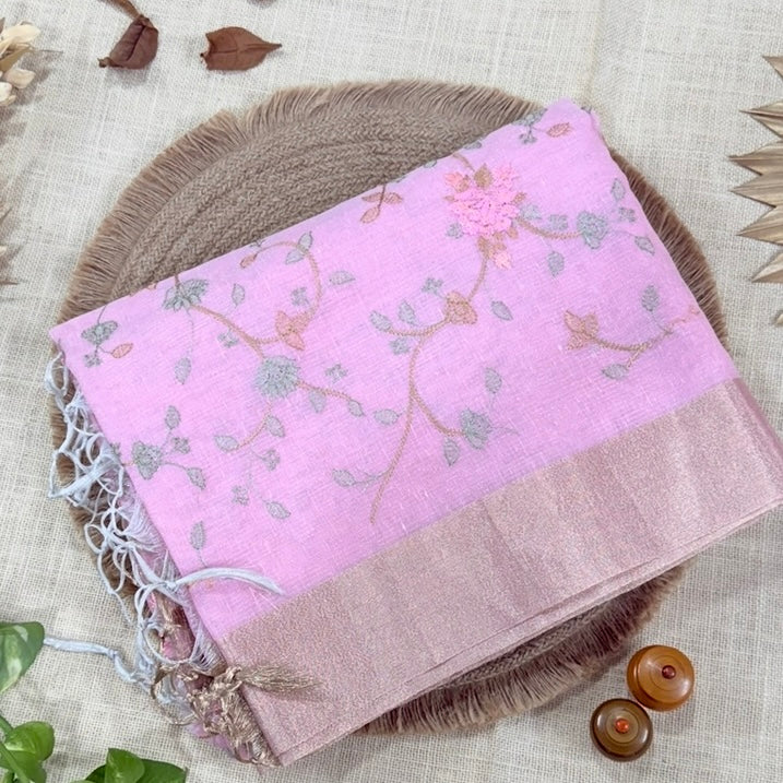 Blush Pink Floral Embroidery Tissue Saree