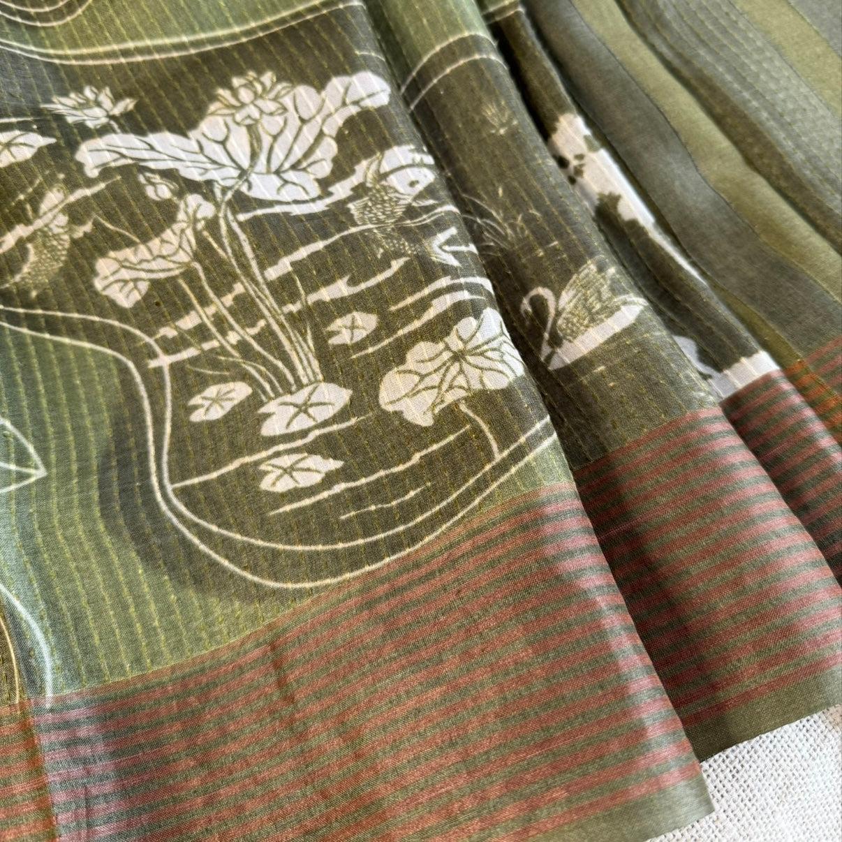 Olive Green Printed Pure Tussar Silk