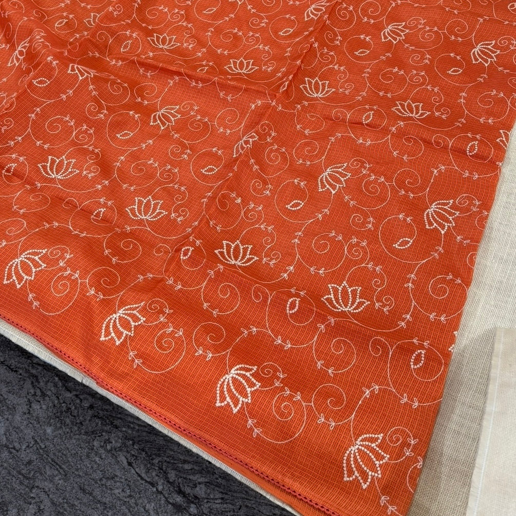 Orange Kota Cotton Crochet Embroidery Saree 