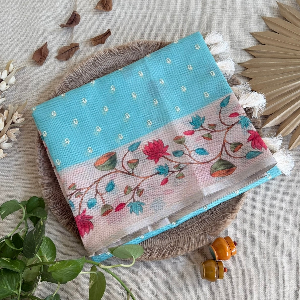 Sky Blue Floral Embroidery Fancy Saree