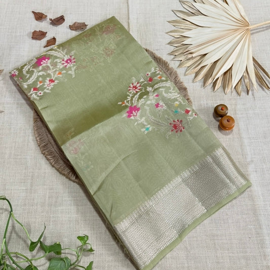 Olive Floral Kora Silk Saree