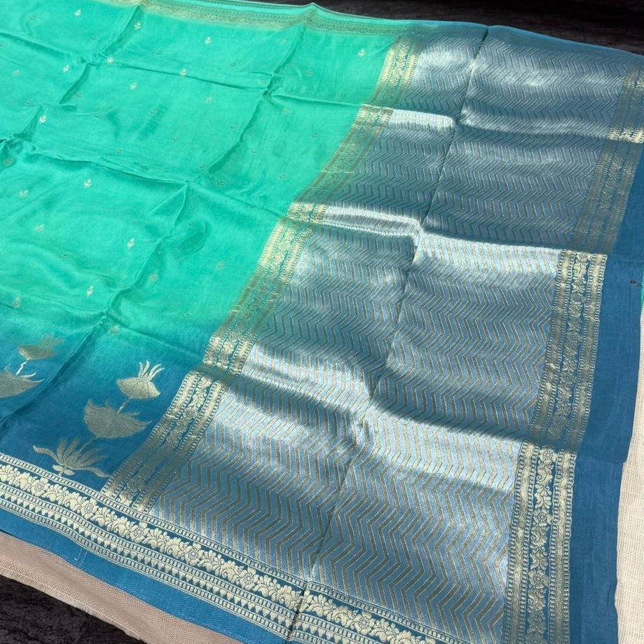 Green with Blue Pure Crepe Silk Saree