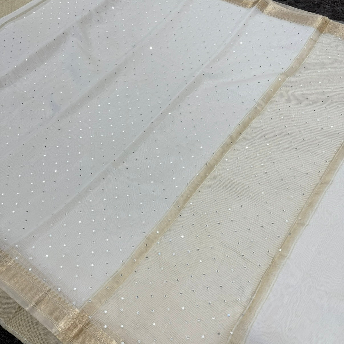 Off White Gold Silver Zari Mirror work Linen Silk Saree