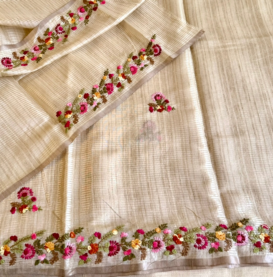 Beige Tissue Floral Embroidery Chapa Tussar Saree