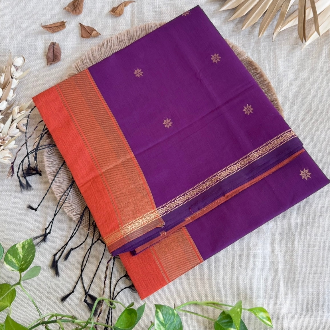 Purple with Orange Pure Cotton Saree