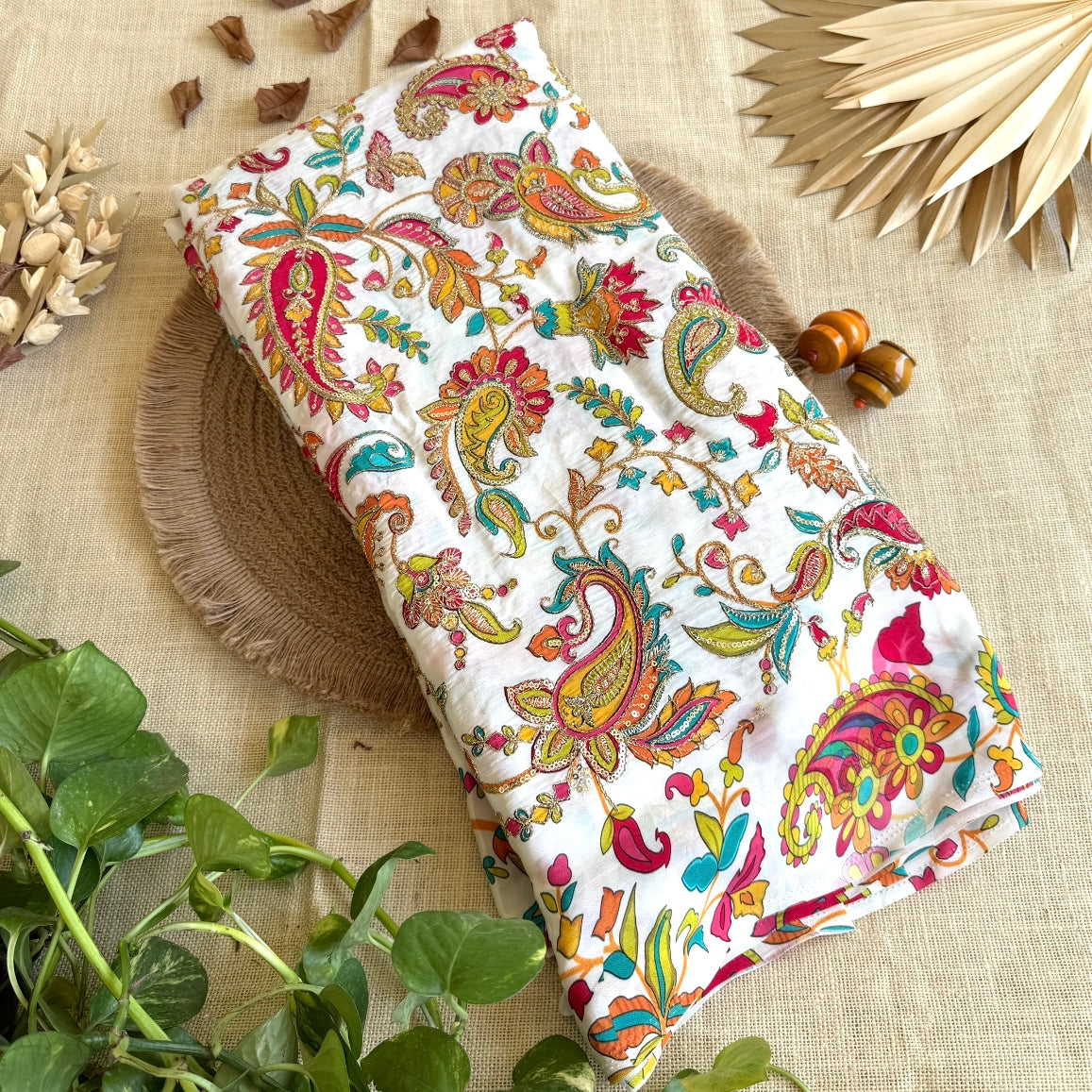 Cream Rich Paisley &Floral Embroidery Designer Crepe Blouse Fabric