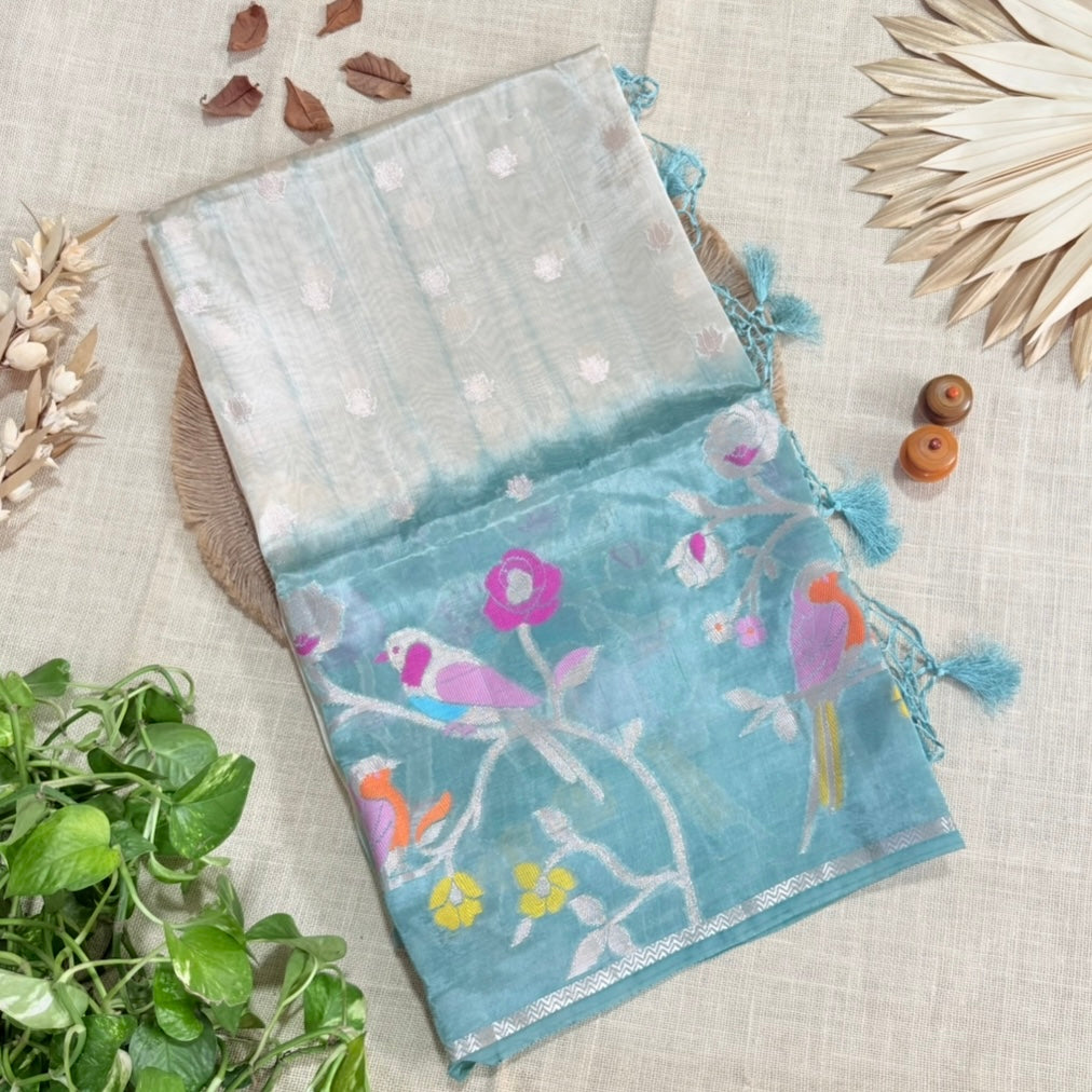 Sea Green Off White Floral Paper Silk Saree