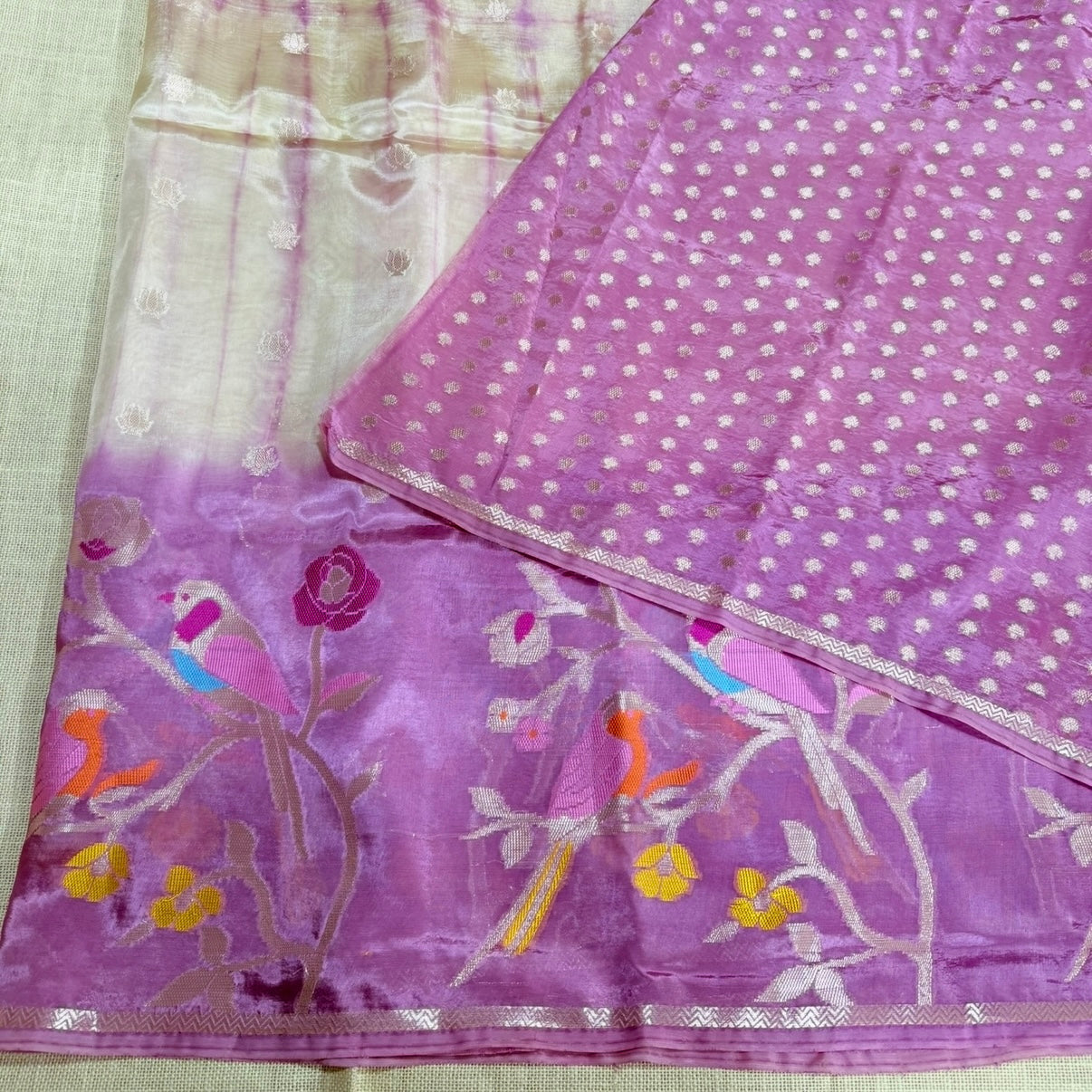 Onion Pink Off White Floral Paper Silk Saree
