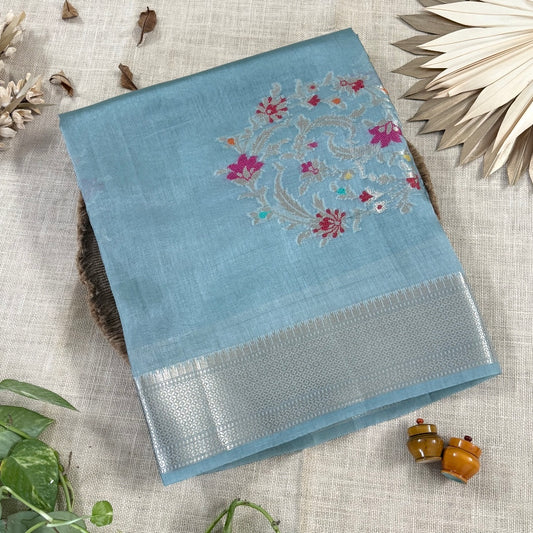 Misty Blue Floral Kora Silk Saree