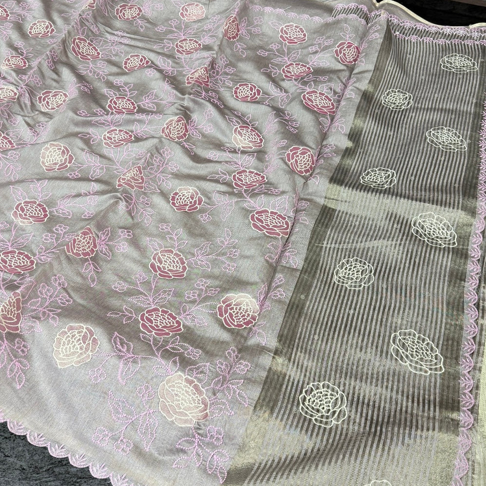 Dusty Lavender Floral Embroidered Saree