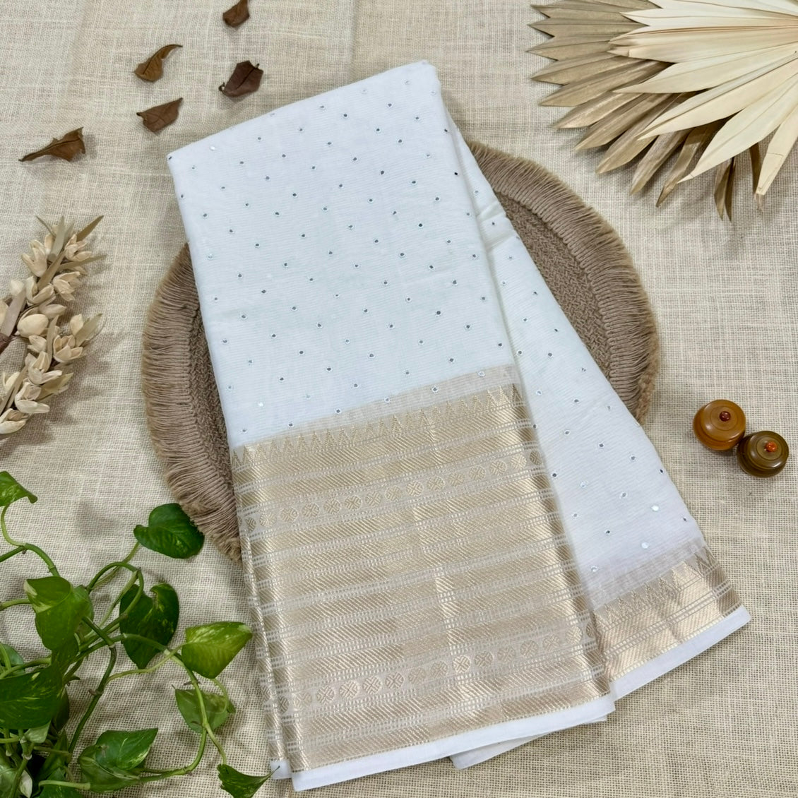 Off White Gold Silver Zari Border Mirror work Linen Silk Saree