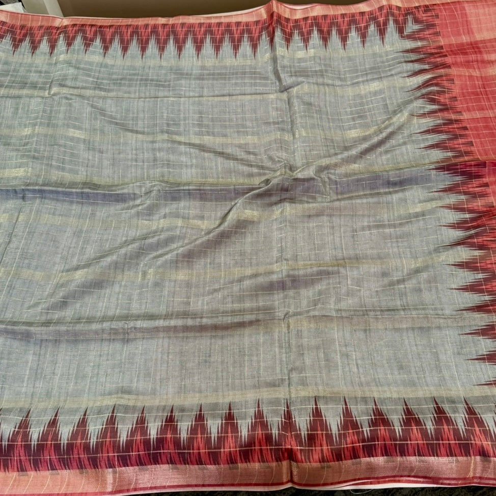 Silver Grey with Deep Maroon Semi Tussar Saree