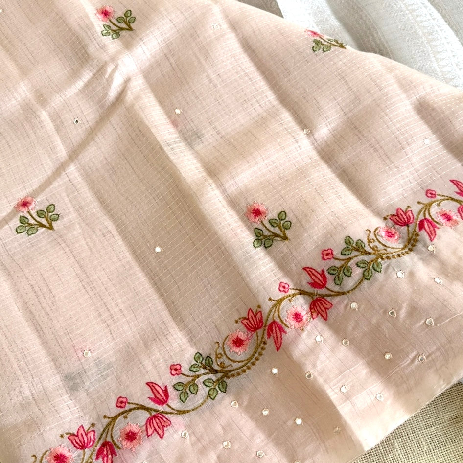 Mild Pink Floral Embroidery Linen Mirror Saree