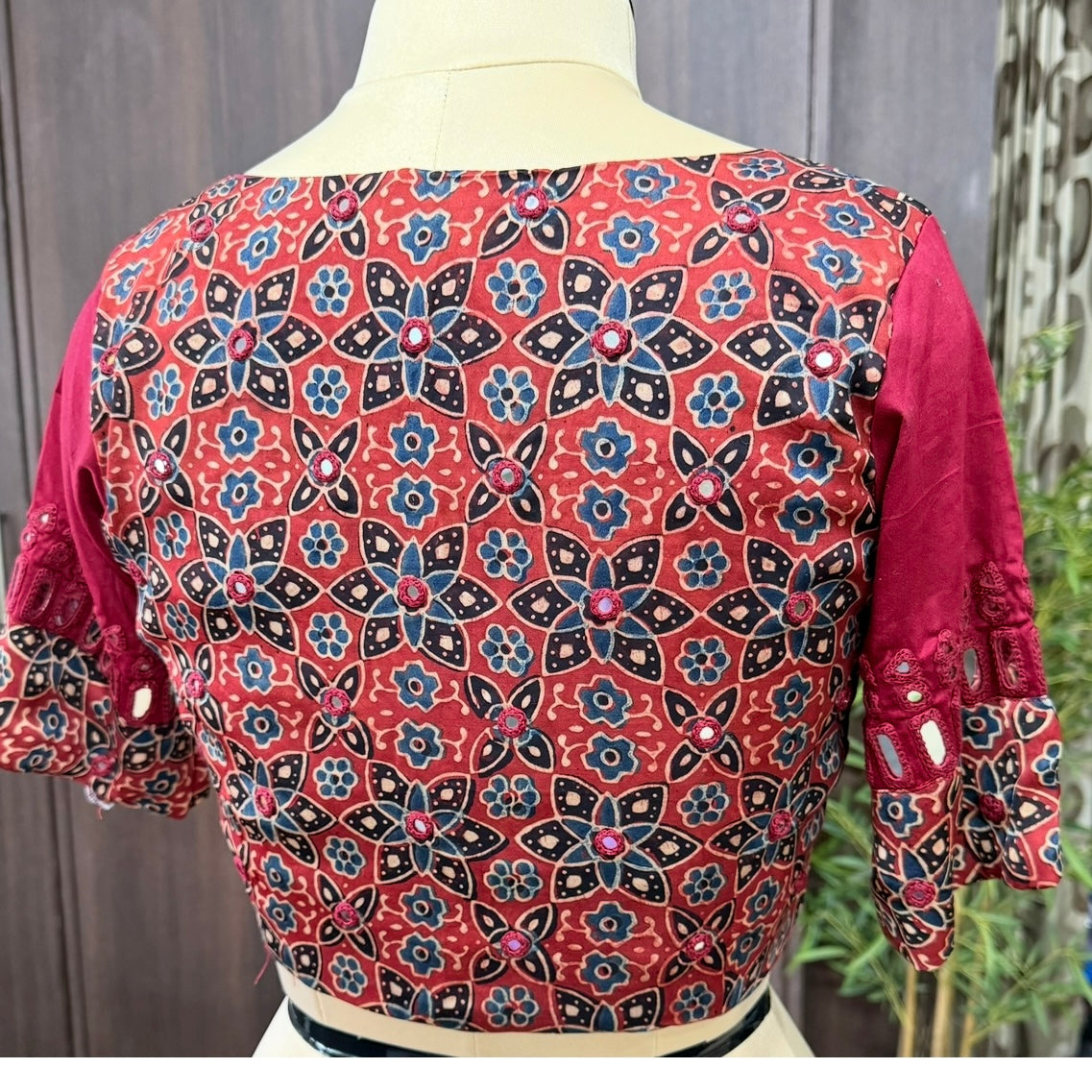 Maroon Ajrakh Modal Mirror Embroidery Blouse