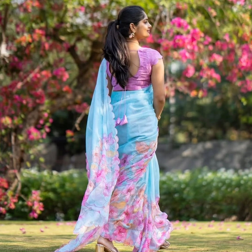 Sky Blue Floral Embroidery Linen Sequin Saree