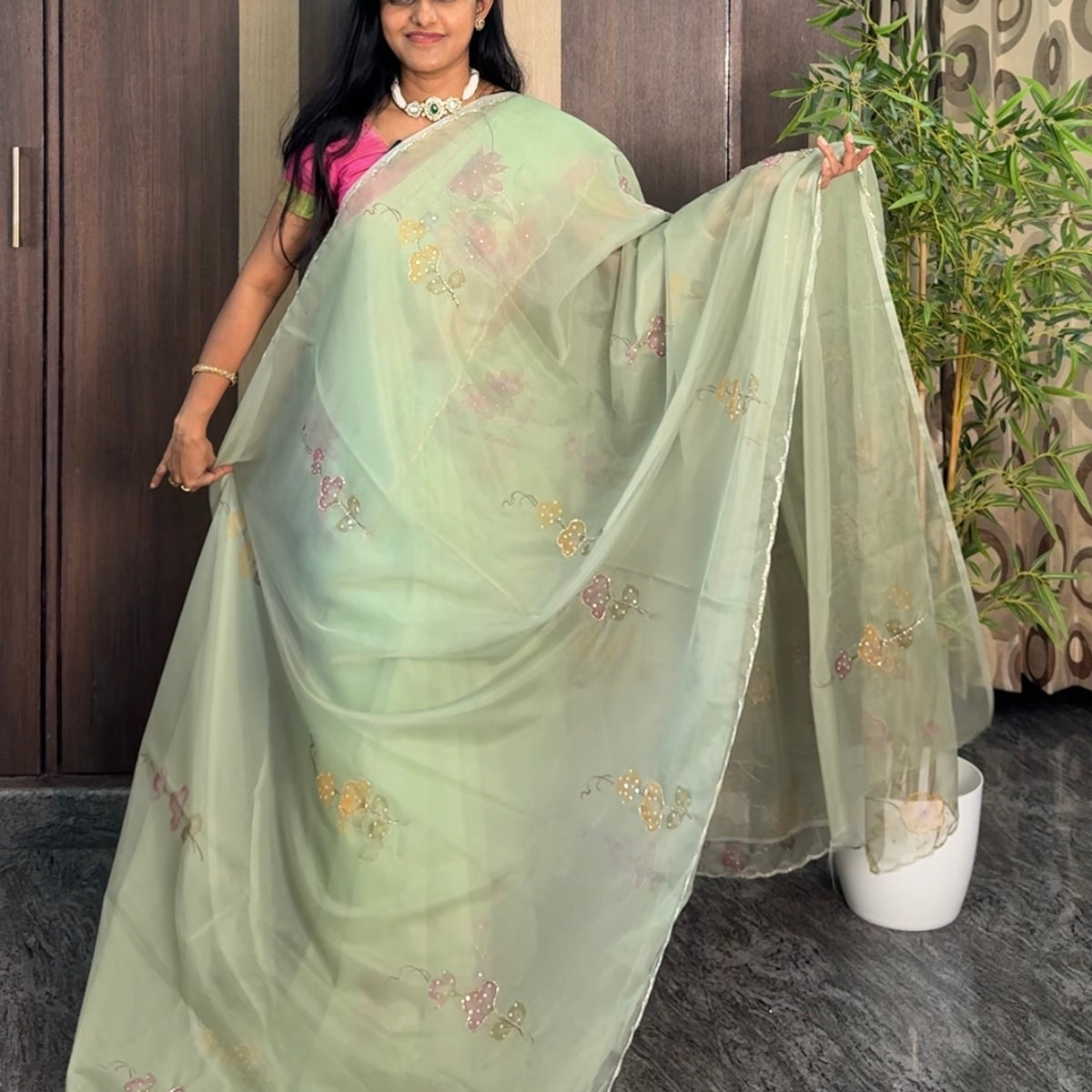Pista Green Soft Organza Designer Saree