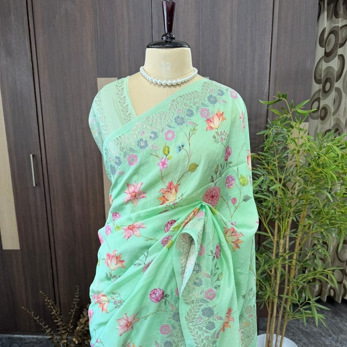 Aqua Mint Multicolour Floral Crepe Silk Saree