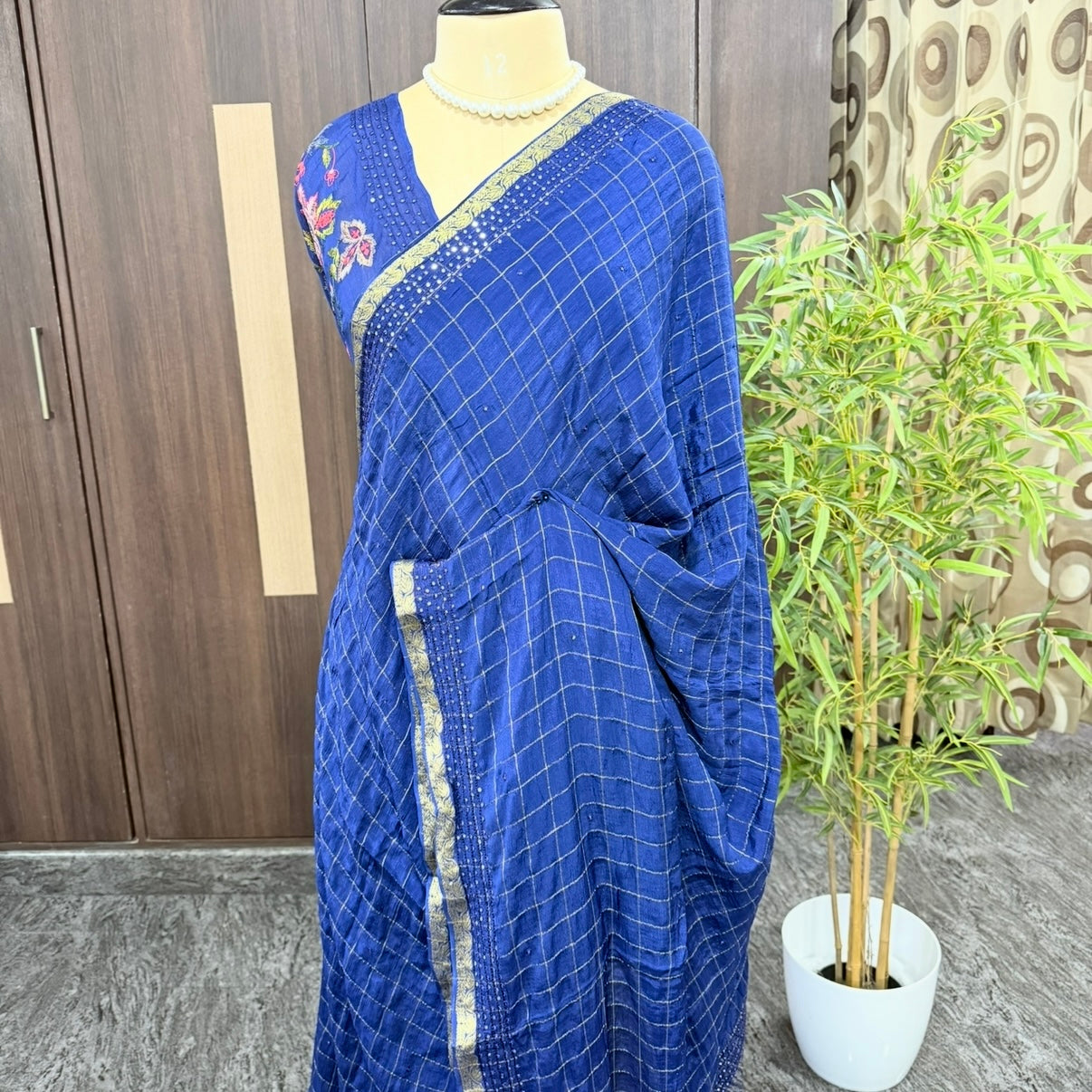 Blue Zari Checks Mirror Chinnon Silk Saree 