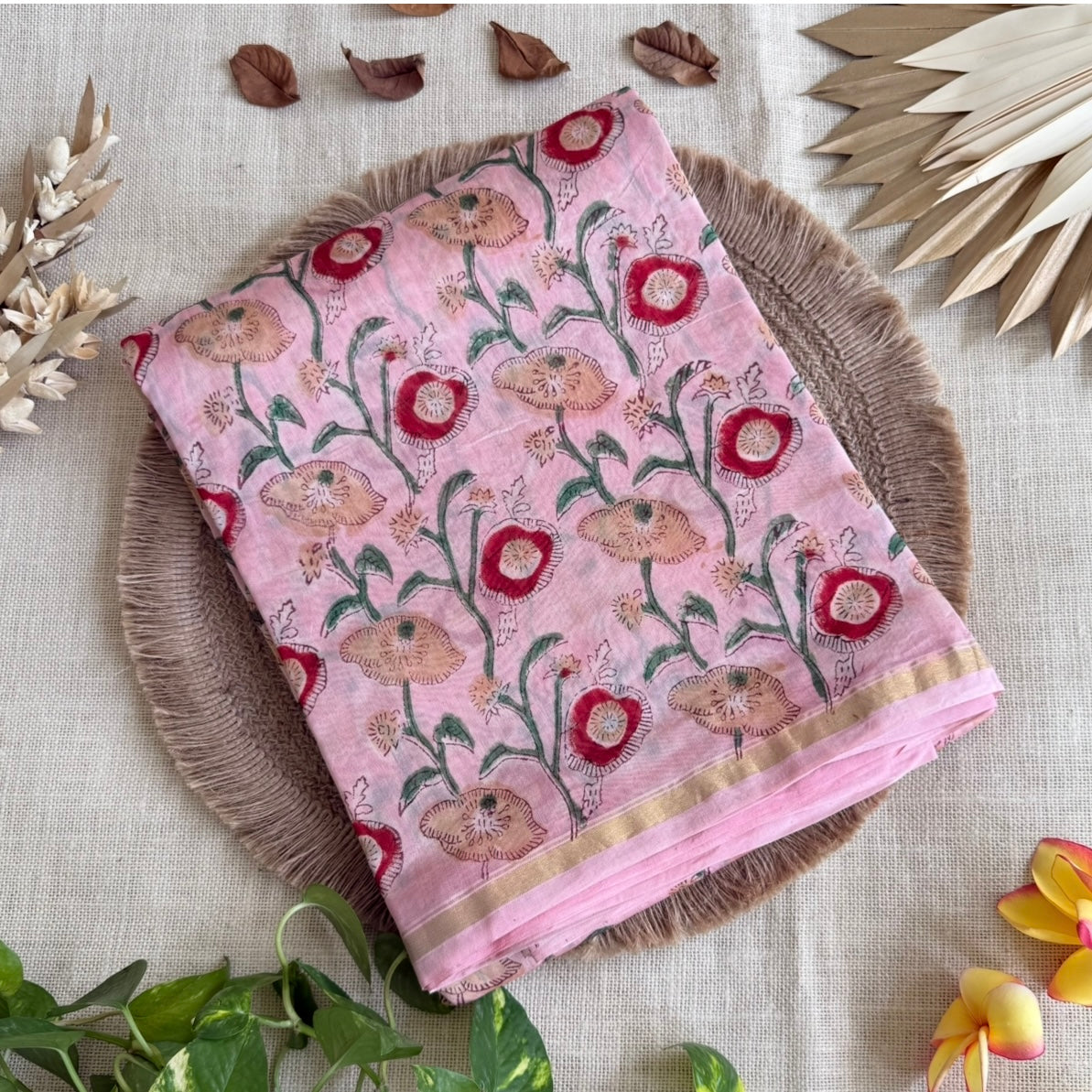 Pink Floral Chanderi Silk Cotton Saree