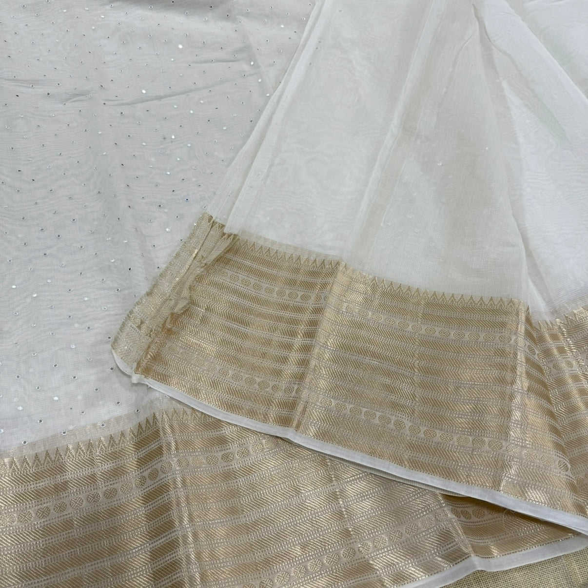 Off White Gold Silver Zari Border Mirror work Linen Silk Saree