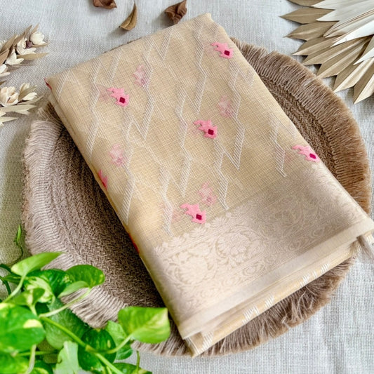 Beige Kota Tissue Embroidery Saree