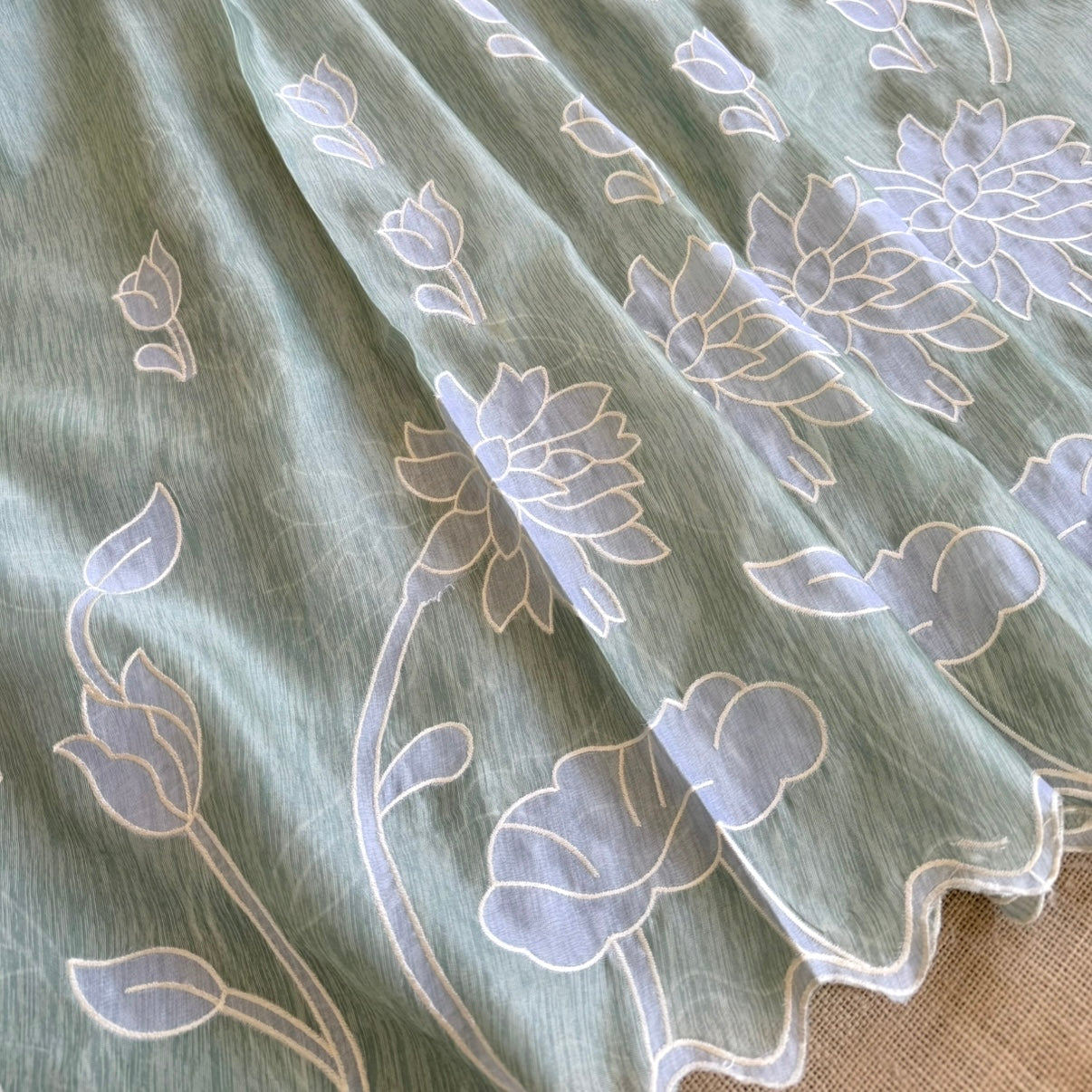 Pastel Green Linen Organza Appliqué Saree