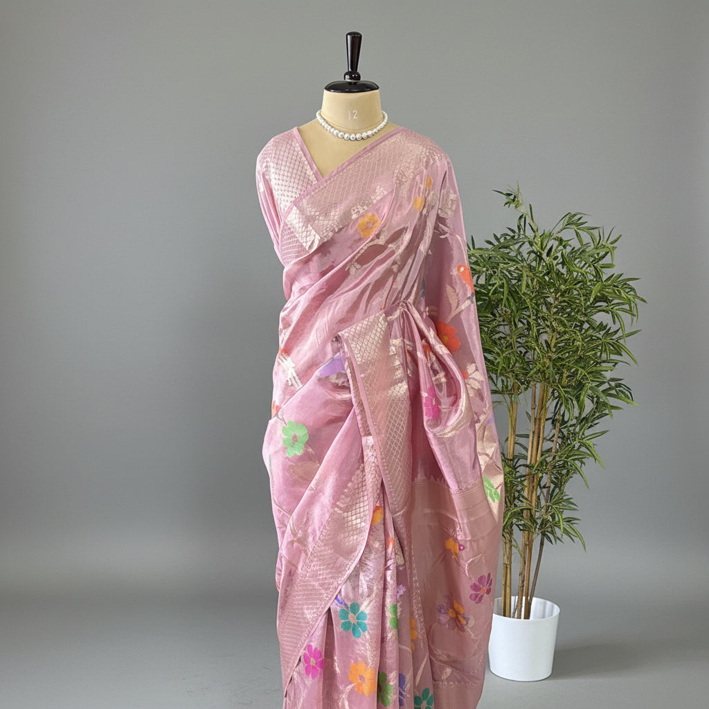 Onion Pink Meena Weave Paper Silk Saree 