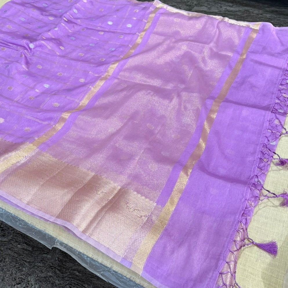 Lilac Checked Kora Silk Saree